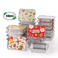 1 x Brand New SAVITA 50 Pieces Christmas Aluminum Foil Pans with Lids, 18.5 x 13.5 x 5 cm Rectangular Christmas Aluminum Trays with Lids for Baking Cooking Roasting Christmas Dinner Party Holiday 10 Designs  - RRP €20.4