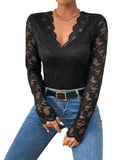 1 x RAW Customer Returns GORGLITTER Women s Body Lace Bodysuit Transparent Top Lace Body Slim T-Shirt Party Bodysuits with Bow Edge V-Neck Black M - RRP €30.24