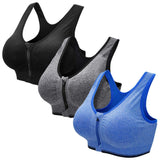 1 x RAW Customer Returns Zoerea Sports Bra Women Push Up Zip Front, 3 Pack Impact Yoga Bra, Size XL Fit 85D 90A 90B 90C 90D, Black, Grey and Blue - RRP €31.99