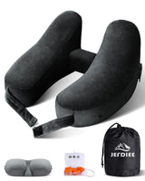 1 x RAW Customer Returns Travel pillow neck pillow Inflatable Neck Pillow for Airplane Adult Neck Pillow - Fast Inflatable Pillow with Headrest, Hat, Luxury Bag, Sleep Mask Ear Plugs Black  - RRP €20.16