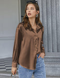 1 x RAW Customer Returns Beyove Women s Blouse Satin Silk Elegant V-Neck Shirts Long Sleeve Casual Work Tops with Buttons Shirt Loose Long Sleeve Shirt Brown M - RRP €28.22