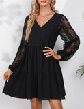 1 x RAW Customer Returns chuangminghangqi Summer Mini Dress for Women V Neck Lantern Sleeve Dress with Sleeves Lace Long Cutout Sexy Elegant Pockets Beach Holiday Black 36 - RRP €24.98