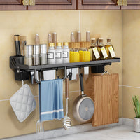 1 x RAW Customer Returns KYYLZ spice rack wall, kitchen holder without drilling with 6 hooks rods, black stainless steel hook rail kitchen helper hanging rail, spice rack kitchen shelf wall organizer for kitchen and bathroom 40 14.8 5.2CM  - RRP €17.14