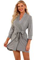 1 x RAW Customer Returns heekpek Women s Summer Winter Short Dressing Gown V-Neck Travel Bathrobe Cotton 3 4 Sleeves Sauna Gown Kimono with Belt Nightdress for Bride Sleepwear Light Gray S - RRP €24.19