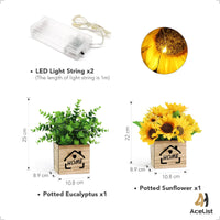 1 x RAW Customer Returns AceList Artificial Plants in Pot x2 with LED Light in Wooden Box, Artificial Flower Decoration Sunflower and Eucalyptus Plant, Artificial Plants in Pot Fake Plants for Bedroom Living Room Bathroom - RRP €33.19