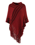 1 x RAW Customer Returns Ferand Striped Women s Poncho Cape with Zigzag Pattern and Hood, Comfortable Pullover with Fringes, One Size, Wine Red - RRP €27.58