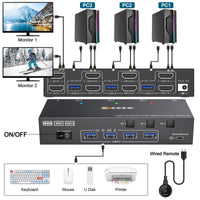 1 x RAW Customer Returns USB 3.0 HDMI KVM Switch 3 PC 2 Monitors, EDID Emulator, 4K 60Hz Extended Display, HDMI 2.0, Dual Monitor KVM Switch 3 PC Share Wireless Keyboard, Mouse, Printer, with Wired Remote and 5 Cables - RRP €112.28