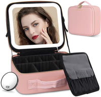 1 x RAW Customer Returns JADAZROR Makeup Bag with Mirror and Light, Travel Makeup Bag with 3 Color LED Lighted Makeup Organizer, Portable Makeup Case with Adjustable Dividers, Cosmetic Bag, Gift - RRP €35.99