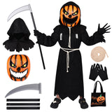 3 x RAW Customer Returns FORMIZON Halloween Pumpkin Grim Reaper Costume for Children, Scary Scarecrow Costume with Pumpkin Mask, Grim Reaper Scythe, Children s Grim Reaper Costume for Halloween Cosplay Costumes L  - RRP €85.53