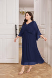 1 x RAW Customer Returns Hanna Nikole Women s Plus Size Batwing Sleeve Cocktail Dress Knee Length Midi Chiffon Elegant Evening Dress With Overlay Dark Blue 48 - RRP €54.99