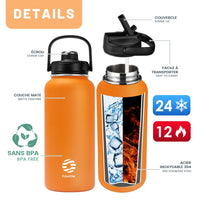 1 x RAW Customer Returns Fjbottle drinking bottle stainless steel with straw 950ML 1200ML - 2x lids BPA-free water bottle leak-proof - sports bicycle thermo bottle thermos flask for sparkling water, school, fitness - RRP €19.99