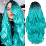 1 x RAW Customer Returns PORSMEER Ombre Black Cyan Long Curly Wig for Women, Natural Teal Cyan Synthetic Hair Cosplay Daily Party Wig Bluish Green - RRP €26.09