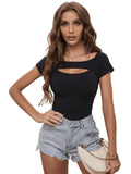 1 x RAW Customer Returns GORGLITTER Cut Out Top Women s Sexy T-Shirt with Neckline Short Sleeve Shirt Tight T-Shirts Tops Summer Top Black L - RRP €25.2