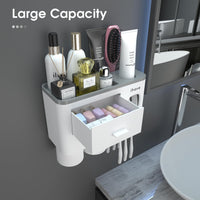 1 x RAW Customer Returns iHave Toothbrush Holder for Bathroom Decoration, 2 Cup Toothbrush Holder Wall with Toothpaste Dispenser, Bathroom Accessories with Large Capacity Tray, Cosmetic Drawer - RRP €24.99