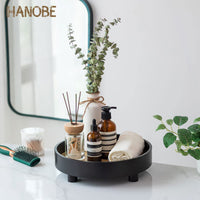 1 x RAW Customer Returns Hanobe wooden stand base decorative tray wooden tray decorative tray decorative wooden increases for display black serving tray round with feet modern chic decorative plate wood with stand - RRP €26.98