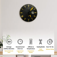 1 x RAW Customer Returns FISHTEC - Wall clock modern design radio clock - quiet pendulum with digital temperature display - suitable for kitchen, office, living room, bathroom - RC signal - 25 cm black gold  - RRP €29.99