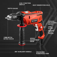 1 x RAW Customer Returns ENVENTOR 900W Percussion Drill, Electric Corded Drill with 36 Accessories, 2 in 1 Function, 0-3000RPM, 360 Auxiliary Handle, 13MM Chuck, for Concrete, Metal and Wood - RRP €45.99