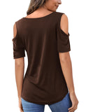 1 x RAW Customer Returns Beluring Women s Top Open Shoulder V-Neck Summer Short Sleeve Shirts Coffee XL - RRP €21.98