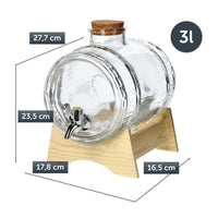 1 x RAW Customer Returns KADAX barrel with tap 3L, barrel-shaped drinks dispenser made of glass with tap, transparent dispenser with wooden base, alcohol dispenser ideal for whiskey, brandy, juices, lemonade - RRP €32.26