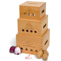 1 x RAW Customer Returns CALIDORO Premium Potato Storage Box Set of 3 - Longer Fresh Potato Storage, Garlic and Onion Storage - Bamboo Wooden Potato Box, Onion Pot, Garlic Pot - RRP €53.87