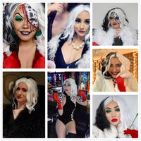 6 x Brand New Cruella Deville Costume Wig for Women Black and White Bob Wigs for Cruella with 1920s Red Gloves Women Cosplay Party Synthetic Wig R028 - RRP €115.2