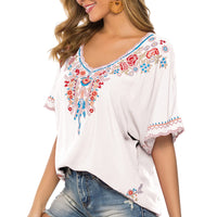 1 x RAW Customer Returns Seasonal Summer Blouse for Women Mexico Embroidered Tunic Boho Hippie Blouse Bohemian Short Sleeve Loose Tops, White-075, XXL - RRP €22.8