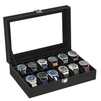 1 x RAW Customer Returns SONGMICS 12-Seater Watch Stand, Watch Box, Glass Lid, Removable Cushions, Metal Closure, Gift Idea, Black PU Surface, Black Interior JWB12B - RRP €25.99