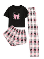 1 x Brand New GORGLITTER women s pajamas set of 3 short-sleeved pajamas plaid pajamas set shorts and pajama pants checked pajamas house suit nightwear pink L - RRP €34.99