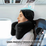 1 x RAW Customer Returns Sunany Neck Pillow Inflatable Travel Pillow Comfortably Supports Head, Neck and Chin, Airplane Pillow with Soft Velor Cover, Hat, Portable Drawstring Black  - RRP €28.99