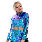 1 x RAW Customer Returns IMEKIS Women s Shiny Metallic Long Sleeve Hooded Sweatshirts Crop Top Wetlook Casual Pullover with Drawstring Holographic Hip Hop Nightclub Performance Dancewear Laser Blue S - RRP €28.38