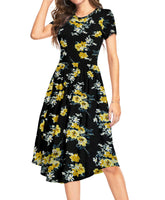 1 x Brand New DEARCASE Women s Summer Dress Casual Short Sleeve Chic Floral Print Dresses Round Neck Mid-Length Elegant Pleated with Pockets - RRP €22.8