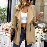 1 x RAW Customer Returns Women s Autumn Winter Trench Coat Classic Drawstring Lapel Turn-Down Button Loose Solid Color Coat M-Khaki  - RRP €44.62