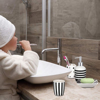 5 x Brand New MUZI Ceramic Bathroom Accessories Set, Modern Design Lotion Bottles, Toothbrush Holder, Tumbler, Soap Dispenser Black and White Striped, 4 Pack  - RRP €131.05