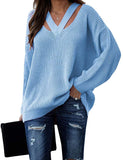 1 x RAW Customer Returns Cicy Bell Sweaters for Women V-Neck Hollow Out Tops Long Sleeve Casual Knitted Tops Sky Blue S - RRP €34.67