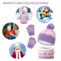 1 x Brand New TSLBW Kids Winter Beanie Neck Warmer Gloves Set, Thermal Knit Hat Scarf Gloves Thick Pom Kids Beanie for Children Sports Winter Sports Accessories Set 2-6 Years Purple  - RRP €24.0