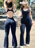 1 x RAW Customer Returns Navneet Jumpsuit Women Long One Piece Sport Yoga Jumpsuits Tight Sleeveless Backless Padded Romper Bodysuit Onepiece Backless Flare Jumpsuit Navy Blue S - RRP €21.38