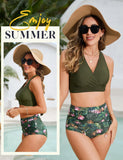 1 x RAW Customer Returns Svanco Two Piece Swimsuit Women Crisscross Bikini Top High Waisted Ruched Bikini Set Push Up Women Swimwear Olive Green M - RRP €37.99