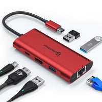 1 x RAW Customer Returns USB C Hub, UtechSmart 6 in 1 USB C to HDMI Adapter with 1000M Ethernet 100W Charging, 3 Port USB 3.0 Adapter Compatible with MacBook Pro, Chromebook and USB C Devices Red  - RRP €35.99