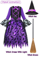 1 x RAW Customer Returns Geplaimir Witch Costume Children s Witch Costume Girls Carnival Wizard Costume with Light Witch Dress with Witch Hat Witch Broom Luminous Witcher Costume Outfit Set for Carnival Halloween G073XS - RRP €35.99