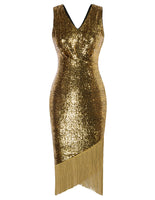 1 x RAW Customer Returns Belle Poque 1920s Dress Women s Cocktail Dress Sleeveless V-Neck Rockabilly Sequin Dress with Fringes Gold XL - RRP €49.99