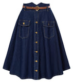 1 x RAW Customer Returns Belle Poque Women s Vintage High Waist Skirts Flared Midi Skirts with Belts Denim Dark Blue  - RRP €21.6