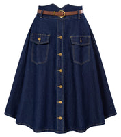 1 x RAW Customer Returns Belle Poque Women s Vintage High Waist Skirts Flared Midi Skirts with Belts Denim Dark Blue  - RRP €21.6