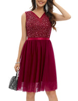 1 x Brand New Gardenwed Women s Sequined Formal Dress Festival Cocktail Soft Tulle V-Neck Birthday Communion Dress Burgundy M - RRP €39.99