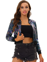 1 x RAW Customer Returns Allegra K Women s Bomber Jacket Long Sleeve Glitter Sequins Party Jacket Black Rainbow M - RRP €63.52