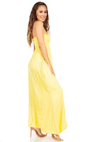 1 x Brand New Sakkas 5026 Comfortable Jersey Feel Solid Color Smocked Bodice String Halter Maxi Long Dress - Yellow X-Large - RRP €41.99