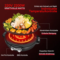 1 x RAW Customer Returns Food Party Electric Hot Pot and Grill Electric Hotpot Pot 220V 2200W Electric Grill 2 in 1, with Removable Hotplate Indoor Korean BBQ Thai Barbecue Fondue Raclette XXL for 8 People - RRP €136.26