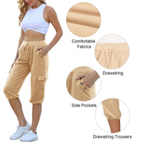 1 x RAW Customer Returns TOMEEK Capri Pants Women s Jogging Pants 3 4 Sports Pants Summer Casual Pants Sweatpants Shorts Solid Color Baggy Drawstring Waist Yoga Pants Training Pants with Side Pockets Khaki, XL  - RRP €25.98