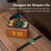 1 x RAW Customer Returns ANJANK Wooden Bluetooth Speaker Radio Alarm Clock Digital, Wireless Charging Station for iPhone Samsung, 0-100 Dimmable Display, USB Charging Port, Sleep Timer, Digital Wooden Clock for Bedroom Bedside Table - RRP €50.41