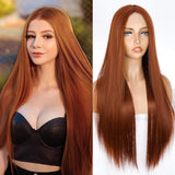 1 x RAW Customer Returns PORSMEER Copper Red Wig Long Straight Straight Wigs for Women Girls Afro Natural Synthetic Hair Middle Part Lace Hairline Wig Party Costume Ginger Orange Wig Auburn  - RRP €30.23