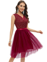 2 x Brand New Gardenwed Women s Chic and Elegant Glitter Sequins Wedding Cocktail Evening Dress Festival Dress for Communion Prom Prom Birthday Pin Up in Soft Tulle Knee V-Neck Burgundy 2XL - RRP €90.74